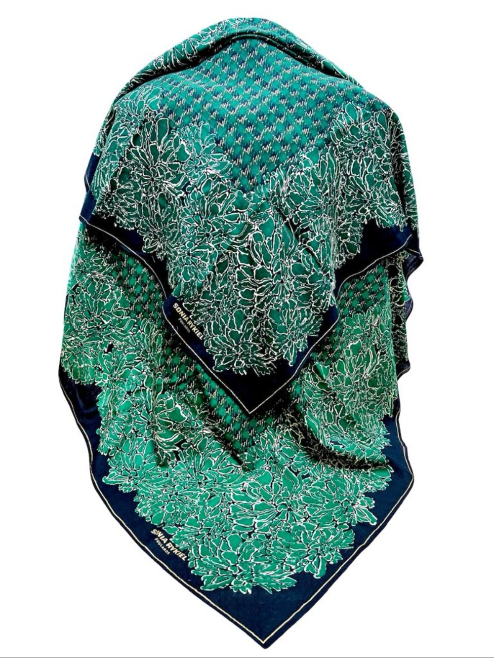 A Pair SONIA RYKIEL Foulards Scarf Shawl 42"  Black White Green Gold Floral  (25 - Picture 13 of 16